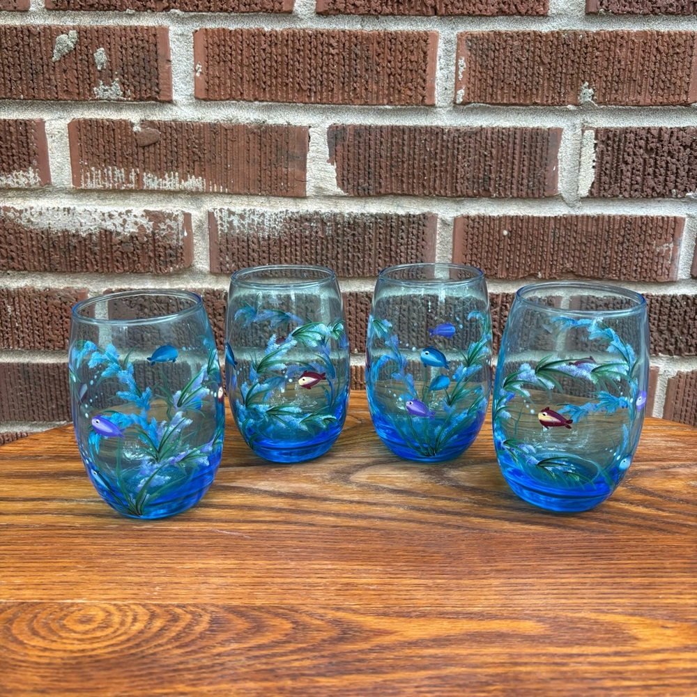 Hand-painted stemless wine water blue glasses with marine design Set of 4